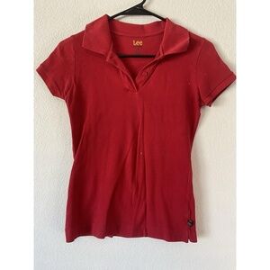 Lee Uniforms Women Red V Neck Short Sleeve Collar Shirt Size S